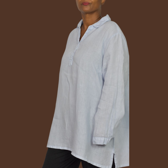 Match Point Linen Tunic Light Blue Collared V Neck Long Sleeve Popover Shirt XL - Picture 3 of 13